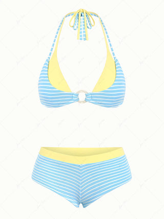 Sky Blue Striped Contrast Color O Ring Double Layer Top & Cheeky Boyshorts Bikini Set
