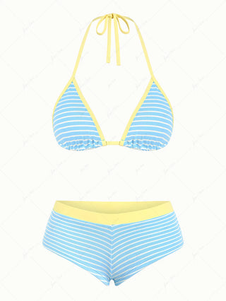 Sky Blue Striped Contrast Binding Triangle Cheeky Boyshorts Bikini Set