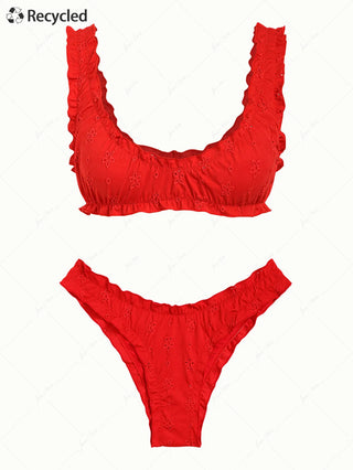Red Recycled Fabric Jacquard Ruffles Edge Bralette Bikini Set