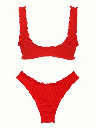 Red Recycled Fabric Jacquard Ruffles Edge Bralette Bikini Set