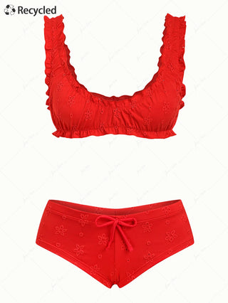 Red Recycled Fabric Jacquard Ruffles Edge Bralette Cheeky Boyshorts Bikini Set