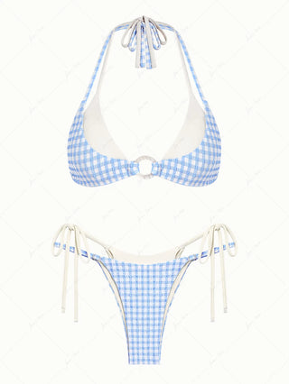 Light Blue Bubble Grid Textured O Ring Double Layer Bikini Set