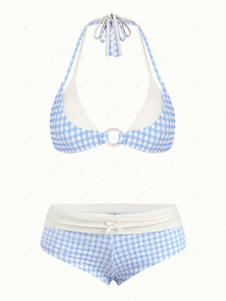 Light Blue Bubble Grid Textured O Ring Double Layer Top & Cheeky Boyshorts Bikini Set