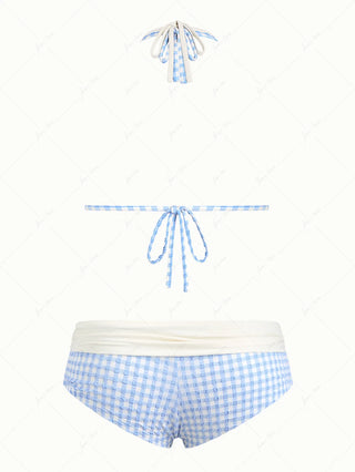 Light Blue Bubble Grid Textured O Ring Double Layer Top & Cheeky Boyshorts Bikini Set