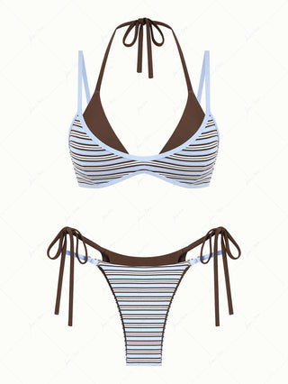Powder Blue Contrast Binding Ribbed Knit Striped String Double Layer Bikini Set