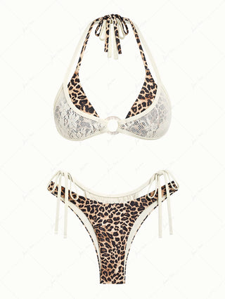 Coffee Leopard Print Contrast Lace O Ring Double Layer Bikini Set