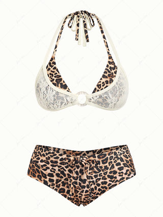 Coffee Leopard Print Lace O Ring Double Layer Top & Cheeky Boyshorts Bikini Set