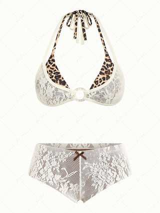 Crystal Cream Lace Leopard Print O Ring Double Layer Top & Cheeky Boyshorts Bikini Set