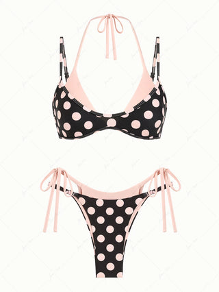 Pink Vintage Polka Dot Print Contrast Color String Double Layer Bikini Set