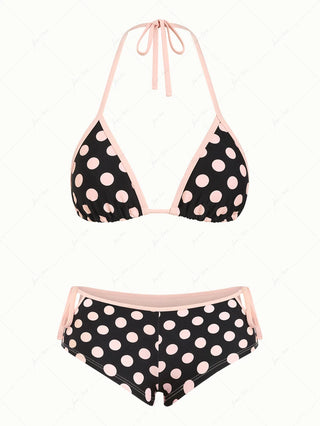 Pink Vintage Polka Dot Contrast Binding Cutout Tie Cheeky Boyshorts Bikini Set