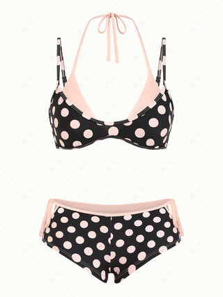Pink Vintage Polka Dot Double Layer Top & Cutout Tie Cheeky Boyshorts Bikini Set