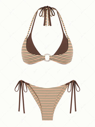 Yellow Ribbed Striped O Ring Double Layer Top & Cheeky Brazilian Bottom Bikini Set