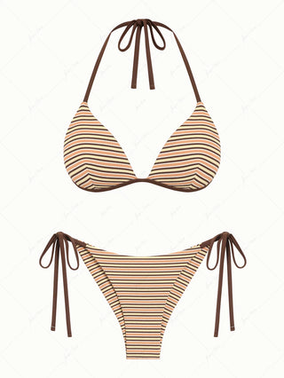 Yellow Ribbed Knit Striped Triangle Push Up Top & Cheeky Brazilian Bottom Bikini Set