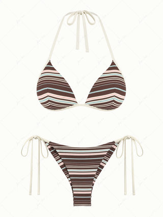 Deep Coffee Ribbed Knit Striped Triangle Push Up Top & Cheeky Brazilian Bottom Bikini Set