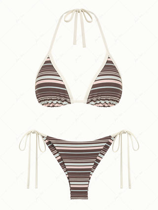 Deep Coffee Ribbed Knit Striped Contrast Binding Triangle Top & Cheeky Brazilian Bottom Bikini Set