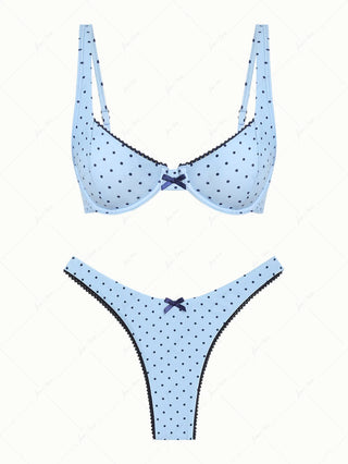 Light Blue Polka Dot Lace Bowknot Underwire Bikini Set