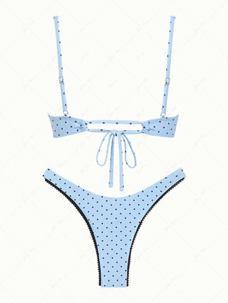 Light Blue Polka Dot Lace Bowknot Underwire Bikini Set