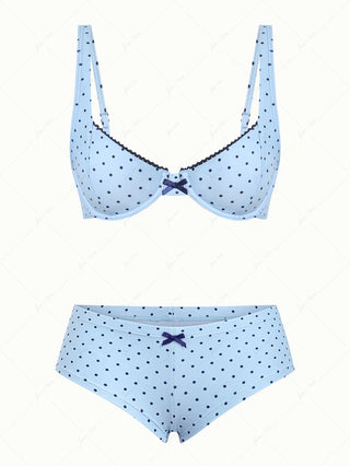 Light Blue Polka Dot Lace Bowknot Underwire Cheeky Boyshorts Bikini Set