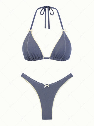 Deep Blue Denim Lace Bowknot Halter Triangle Bikini Set