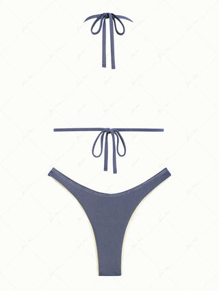 Deep Blue Denim Lace Bowknot Halter Triangle Bikini Set