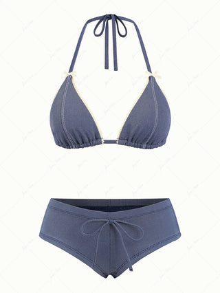 Deep Blue Denim Lace Bowknot Halter Triangle Cheeky Boyshorts Bikini Set