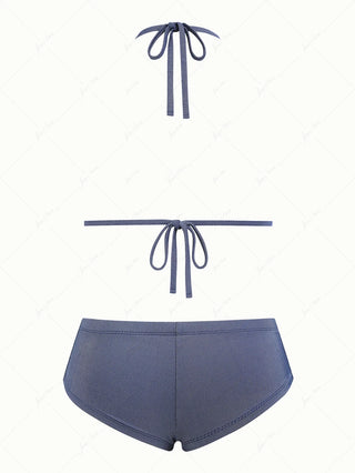 Deep Blue Denim Lace Bowknot Halter Triangle Cheeky Boyshorts Bikini Set