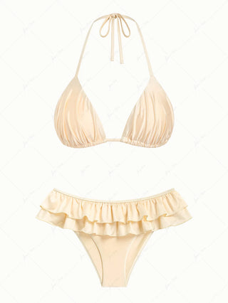 Champagne Satin Solid Color Ruched Halter Triangle Skirtini Bikini Set