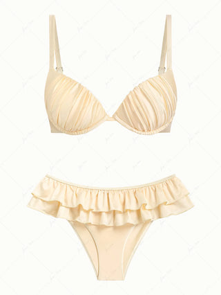 Champagne Satin Ruched Underwire Push Up Skirtini Bikini Set