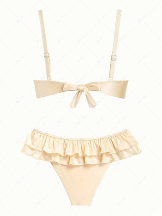 Champagne Satin Ruched Underwire Push Up Skirtini Bikini Set