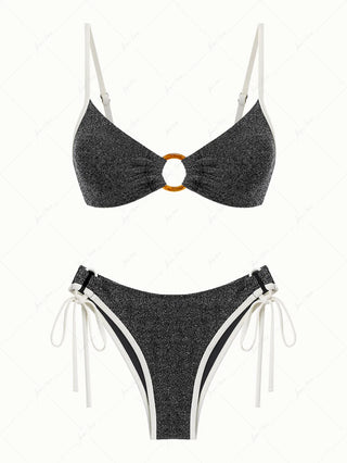 Black Lurex Sparkly Contrast Binding O Ring Bikini Set