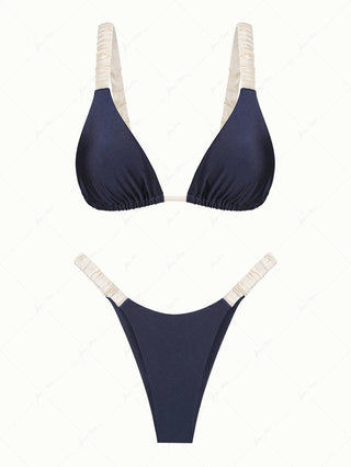 Deep Blue Contrast Color Triangle High Leg Bikini Set