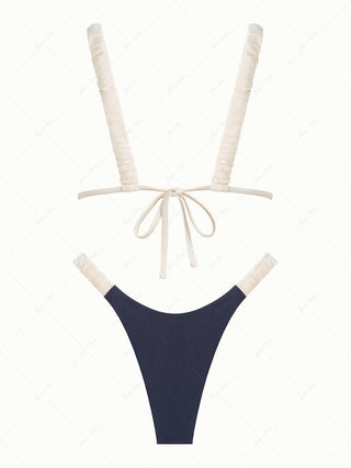 Deep Blue Contrast Color Triangle High Leg Bikini Set