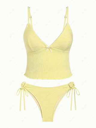 Yellow Textured Lace Bowknot Deep V Neck Tankini Set