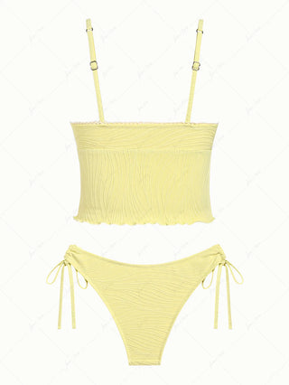 Yellow Textured Lace Bowknot Deep V Neck Tankini Set