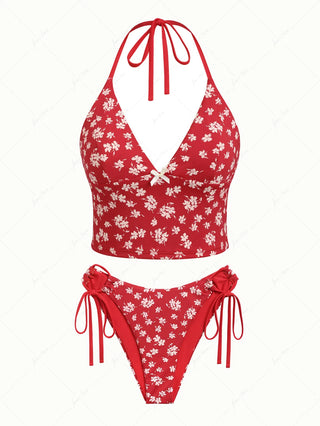 Red Floral Bowknot Halter Cinched Tie Side Tankini Set