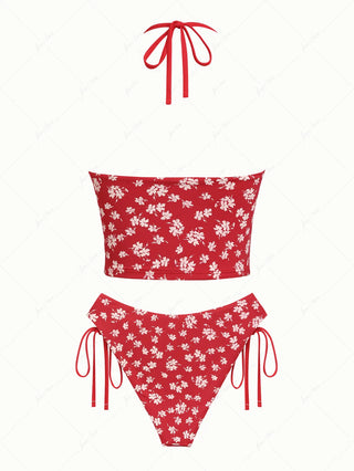 Red Floral Bowknot Halter Cinched Tie Side Tankini Set