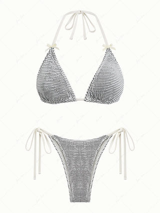 White Textured Fabric Bowknot Triangle String Bikini Set