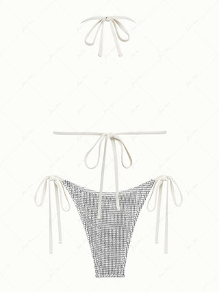 White Textured Fabric Bowknot Triangle String Bikini Set