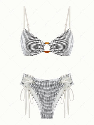 White Textured Fabric O Ring Lace Up Side Bikini Set