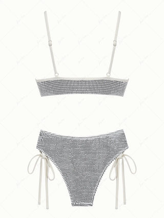 White Textured Fabric O Ring Lace Up Side Bikini Set