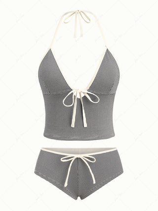 Black Knitted Plaid Cutout Tie Front Halter Cheeky Boyshorts Tankini Set