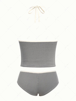 Black Knitted Plaid Cutout Tie Front Halter Cheeky Boyshorts Tankini Set