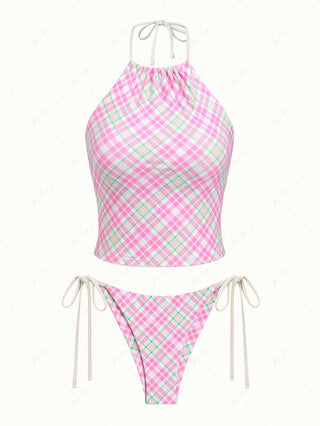 Light Pink Plaid Halter Tank Top & Cheeky Brazilian Bottom Tankini Set