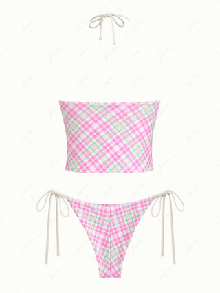 Light Pink Plaid Halter Tank Top & Cheeky Brazilian Bottom Tankini Set