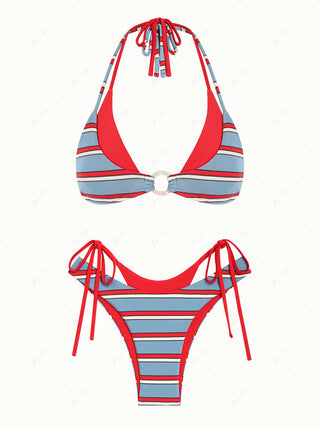Blue Striped Contrast Color O Ring Double Layer Bikini Set