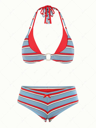 Blue Striped Contrast Color O Ring Double Layer Top & Cheeky Boyshorts Bikini Set