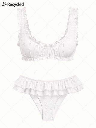 White Recycled Fabric Jacquard Ruffles Edge Bralette Skirtini Bikini Set