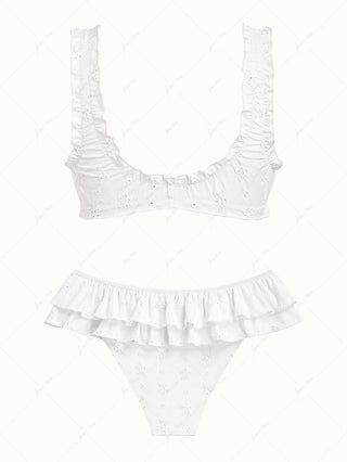 White Recycled Fabric Jacquard Ruffles Edge Bralette Skirtini Bikini Set