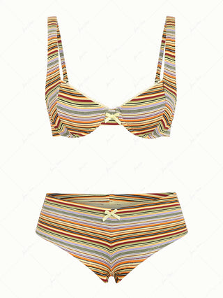 Yellow Ribbed Knit Striped Bowknot Underwire Cheeky Boyshorts Bikini Set
