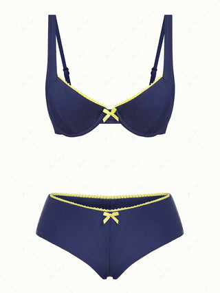Deep Blue Contrast Lace Bowknot Underwire Cheeky Boyshorts Bikini Set